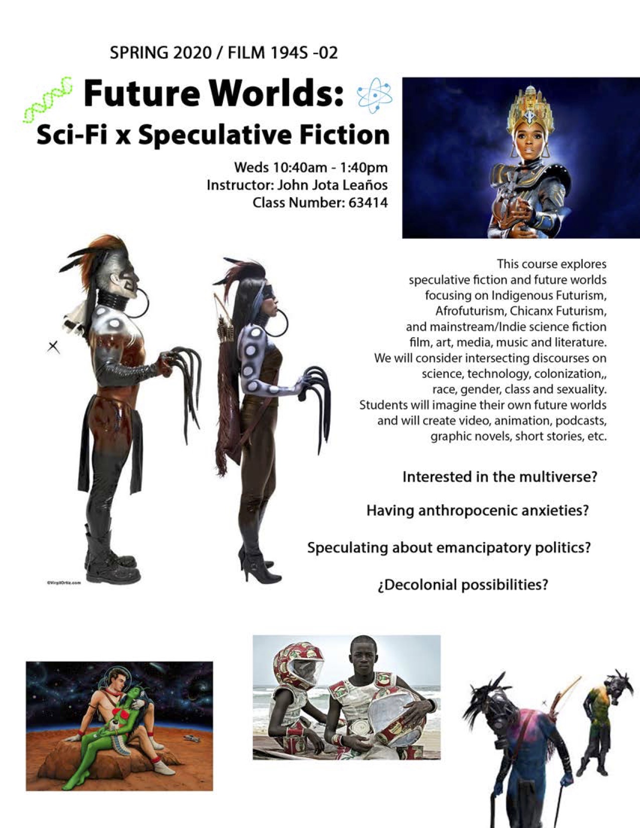 Flyer for Future Worlds Sci Fi Speculative Fiction senior seminar featuring images of indigenous afro and chicanx futurism