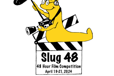 drawing of yellow banana slug holding a camera and boom microphone and wearing headphones standing in front of a stripped clapper