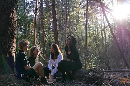 four students sitting in the redwoods together smiling while the sun shines down
