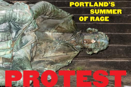 Cover of Protest City Image of a fallen statue with SLAVE OWNER written in the background